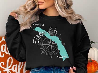 Black sweatshirt with "Beautiful Eklutna Lake Alaska" map and compass design.