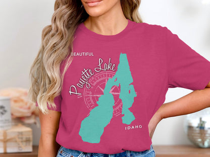 Payson Lake Idaho compass graphic on a pink t-shirt.