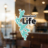 Teal Moosehead Lake shape sticker with "Moosehead Life" text.