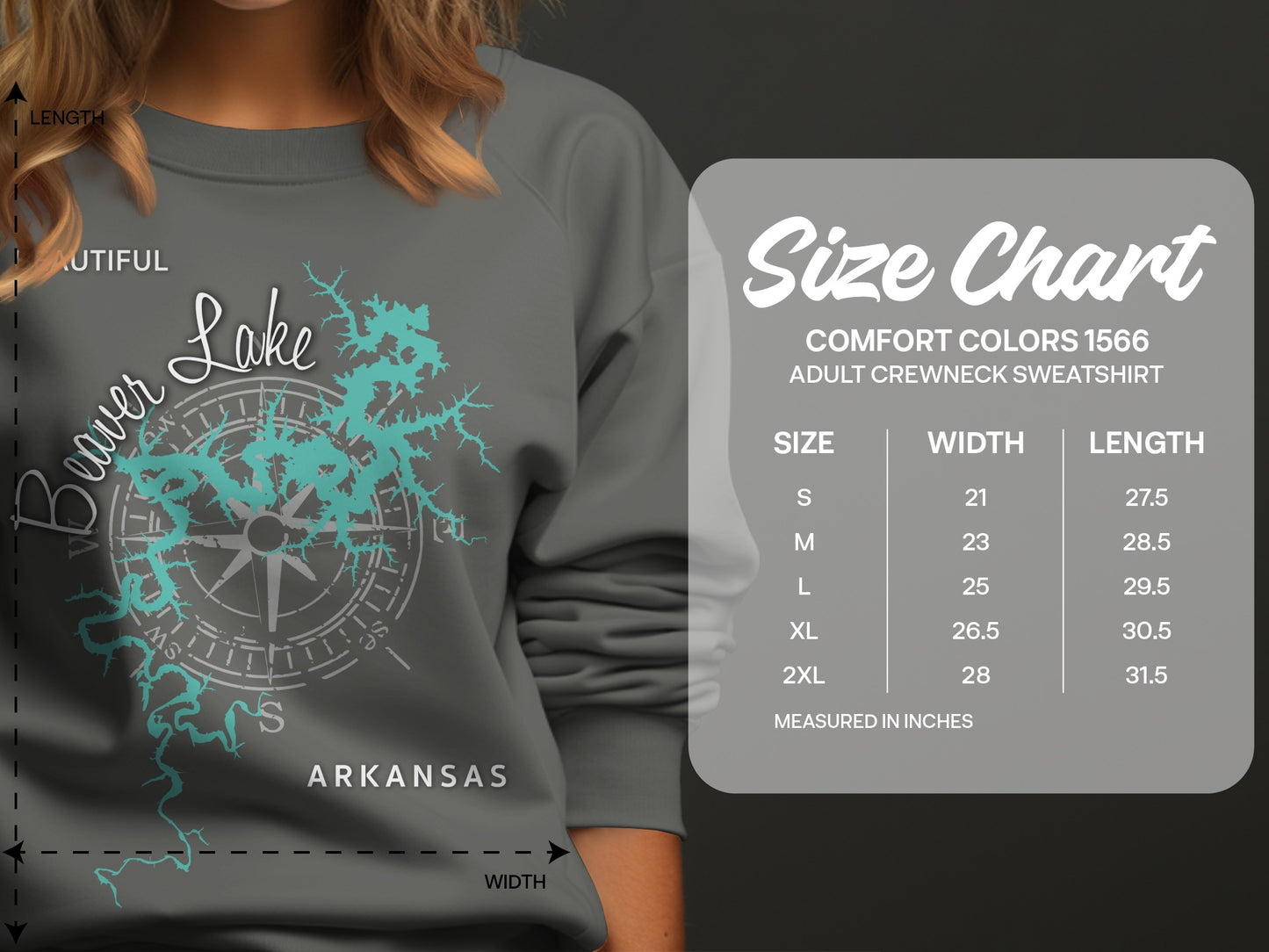 Sweatshirt size chart showing chest width and length measurements for Comfort Colors 1566.