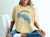 Light yellow t-shirt with blue Lake Wawasee, Indiana map graphic and compass rose.