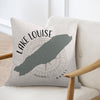 Pillow with Lake Louise map silhouette, compass rose, and "Banff" text.