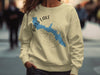 Cream sweatshirt with Bass Lake California map graphic and compass design.
