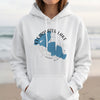 White hoodie with blue Clearwater Lake Minnesota graphic and compass design.