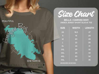 Georgian Bay map graphic on a taupe t-shirt with size chart.