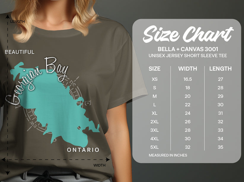 Georgian Bay map graphic on a taupe t-shirt with size chart.