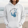 White hoodie with blue Lake Jocassee map and compass graphic.