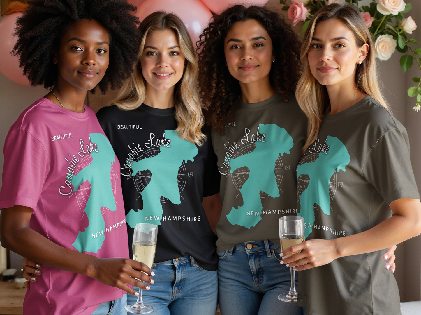 Four women wearing t-shirts with Canobie Lake, New Hampshire design.