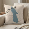 Peyto Lake Banff pillow with blue lake graphic and compass rose.