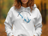 White hoodie with Sam Rayburn Reservoir map and compass graphic.