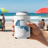 White can cooler held by hand, "Forest Lake Minnesota" map, beach background.