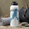 White water bottle with "WOOD LAND" text and blue map silhouette on compass design.