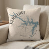 Beige throw pillow featuring a blue map of Kerr Lake, Virginia, over a faint compass rose.