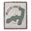 Augur Lake New York map design on a woven blanket with fringed edges.