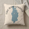 Pillow with blue Lake Derwentwater map graphic and "ENGLAND" text.