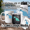 White mug, black tumbler, and water bottle with Catalina Island graphics.