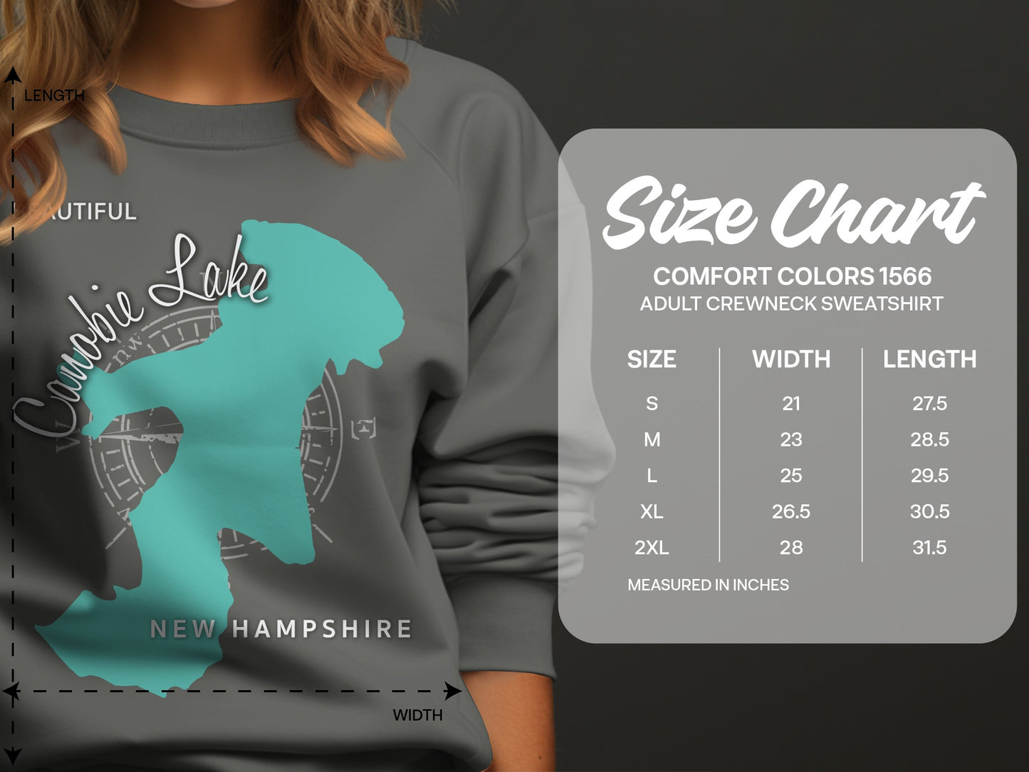Size chart for Comfort Colors 1566 adult crewneck sweatshirt.