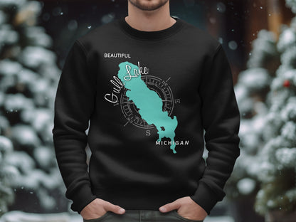 Black sweatshirt with teal map outline of Gull Lake, Michigan.