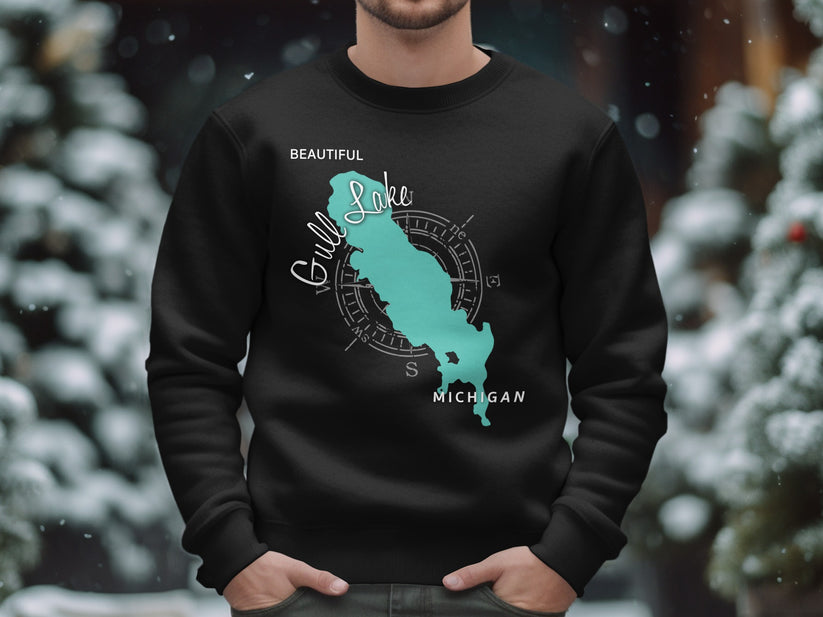 Black sweatshirt with teal map outline of Gull Lake, Michigan.