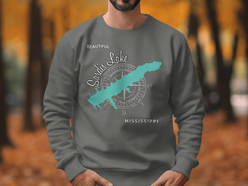 Gray sweatshirt with a turquoise map of Sardis Lake and compass.