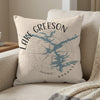 Throw pillow with Lake Greeson Arkansas map design and compass rose graphic.