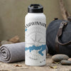 White water bottle with compass rose map and "MINN" text.