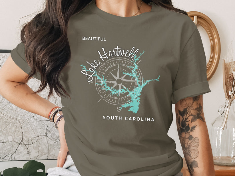 Olive green t-shirt with compass and Lake Hartwell map graphic, South Carolina.