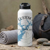 White water bottle with black lid, featuring custom text and a blue tree graphic.