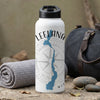 White water bottle with "LEELANAU" and blue geographical outline over compass.