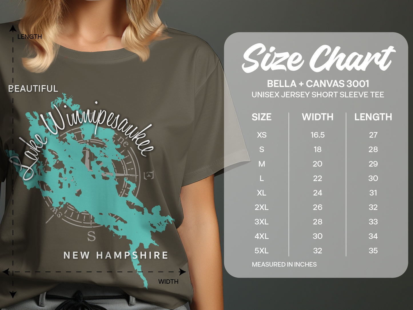 T-shirt with Lake Winnipesaukee map graphic and size chart.