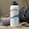 White water bottle with compass and blue wave design, "INGTON L" and "CALI".