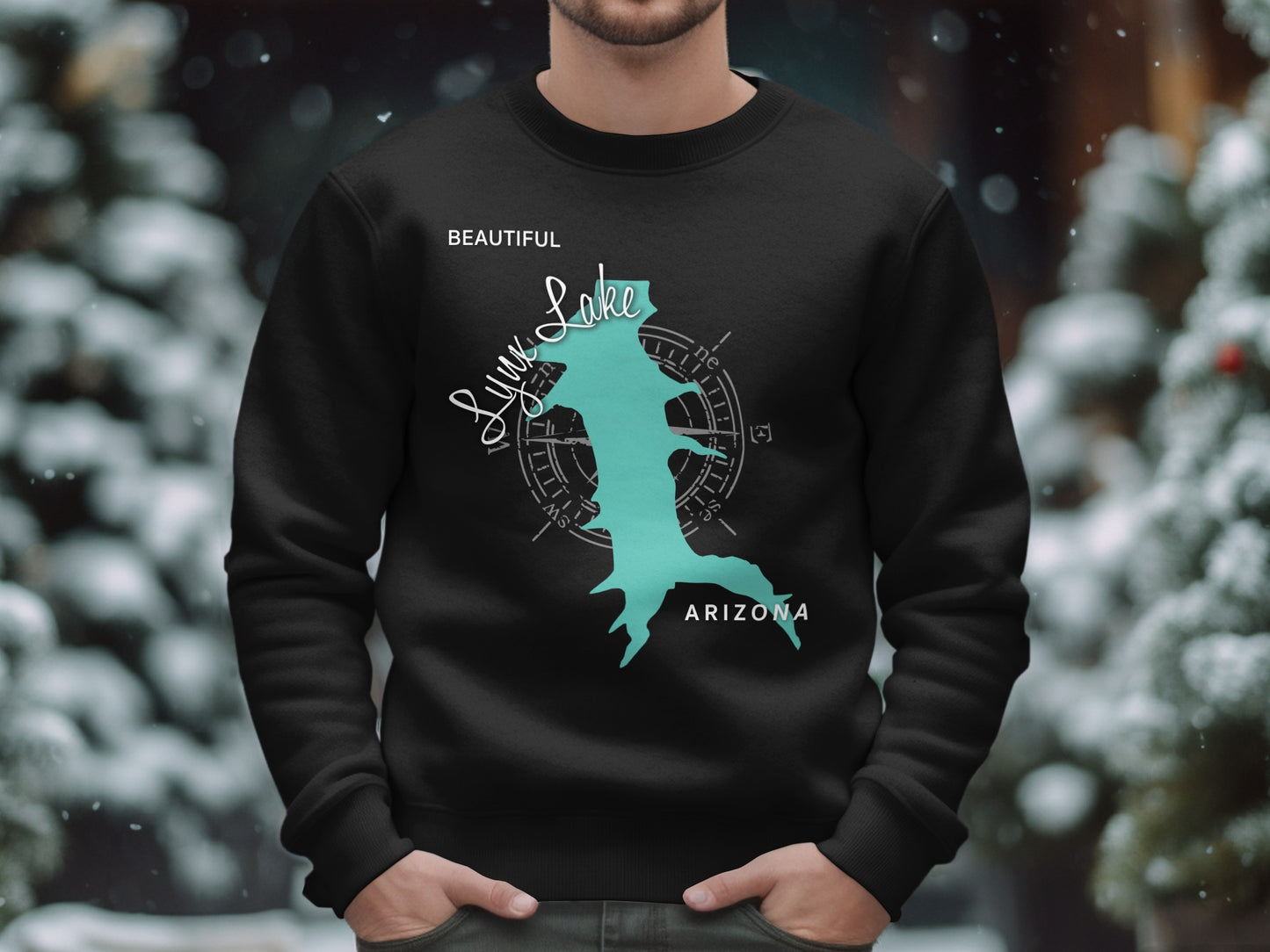 Black sweatshirt with turquoise Lynx Lake, Arizona map and compass design.