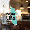 Turquoise shape with black text "Peyto Life" decal on glass.