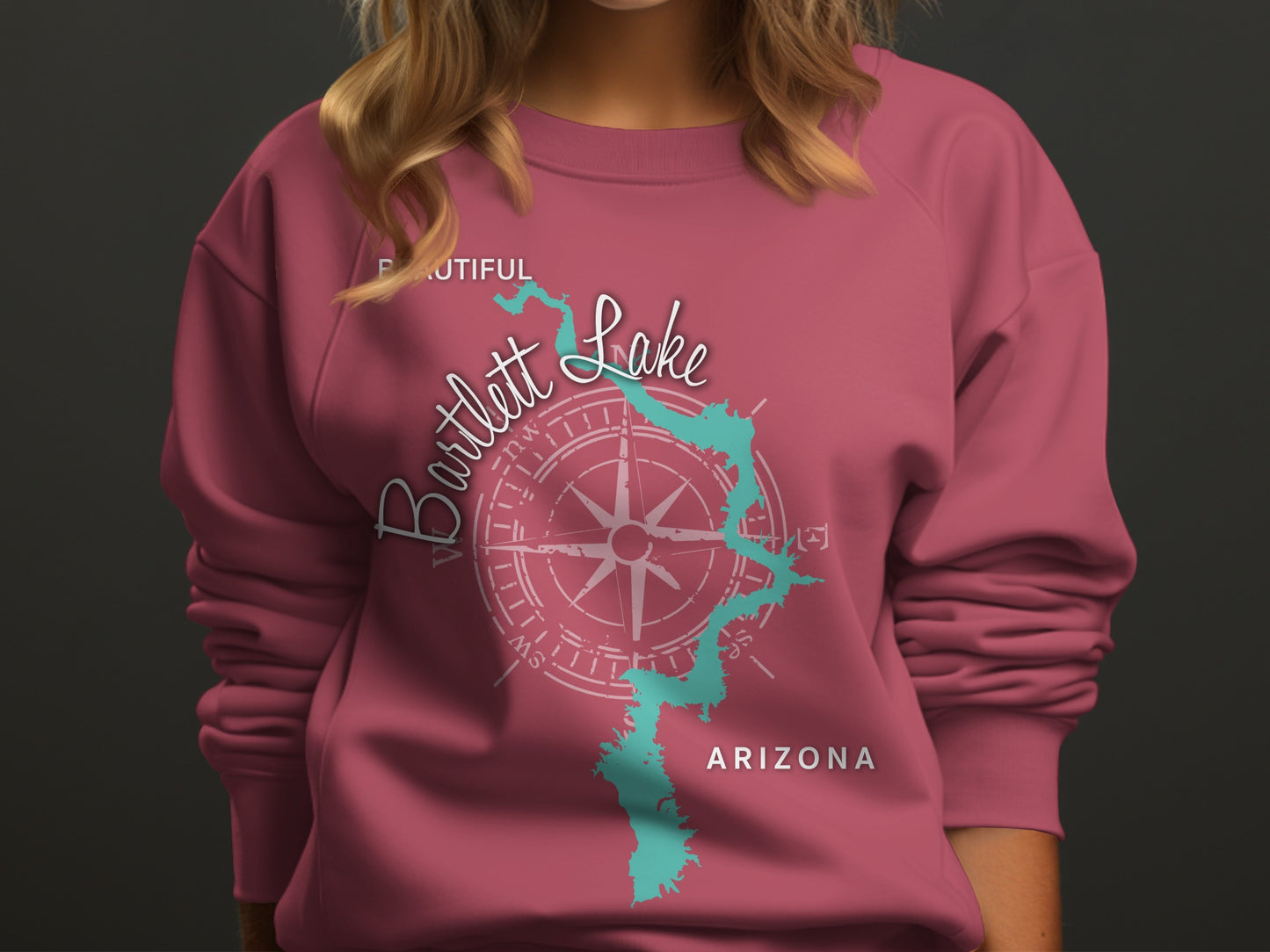 Rose sweatshirt with "Beautiful Bartlett Lake Arizona" and compass graphic.