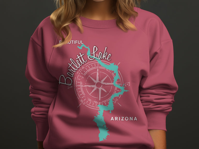Rose sweatshirt with "Beautiful Bartlett Lake Arizona" and compass graphic.