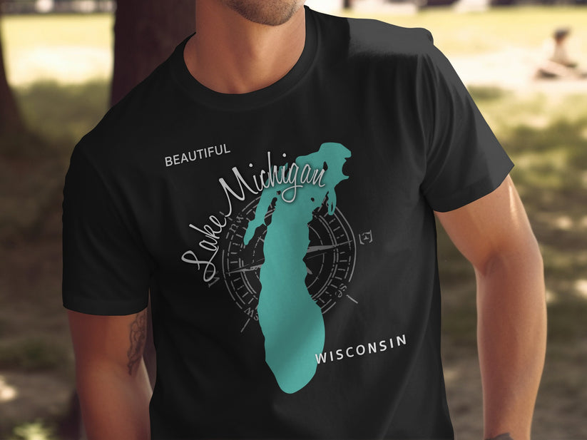 Black t-shirt with teal Lake Michigan map and compass, text "Lake Michigan" and "WISCONSIN".
