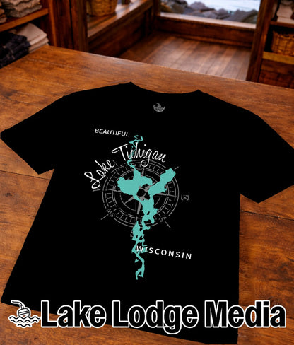 Black t-shirt with a compass and "Beautiful Lake Michigan Wisconsin" design.