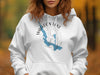 White hoodie with blue map of Walloon Lake, Michigan graphic and compass rose.