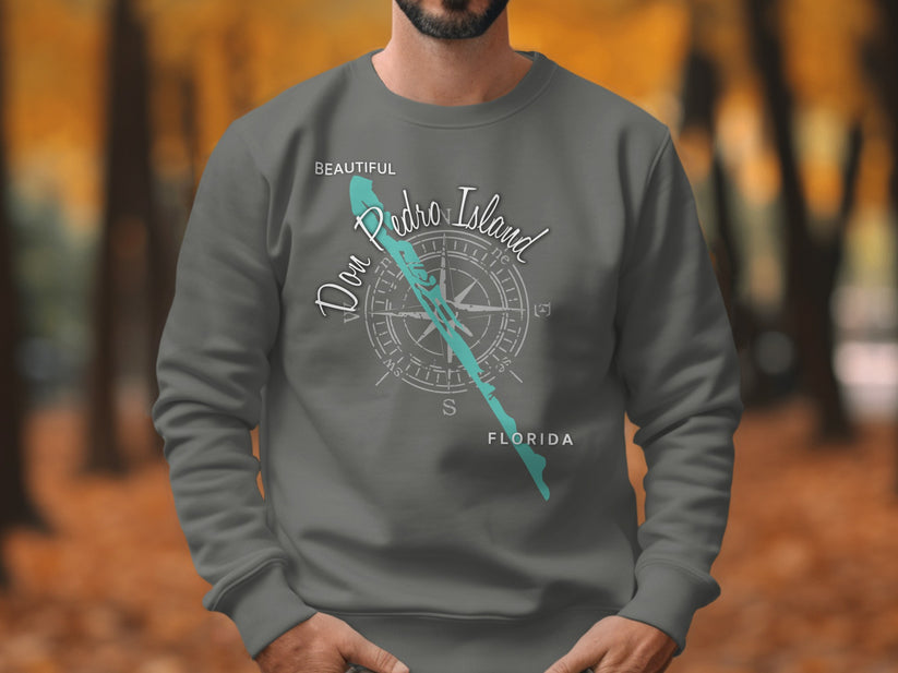 Gray crewneck sweatshirt with "Don Pedro Island Florida" and compass graphic.