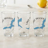 Three clear glasses featuring a compass rose and blue map outline of Lake Jackson, Georgia.