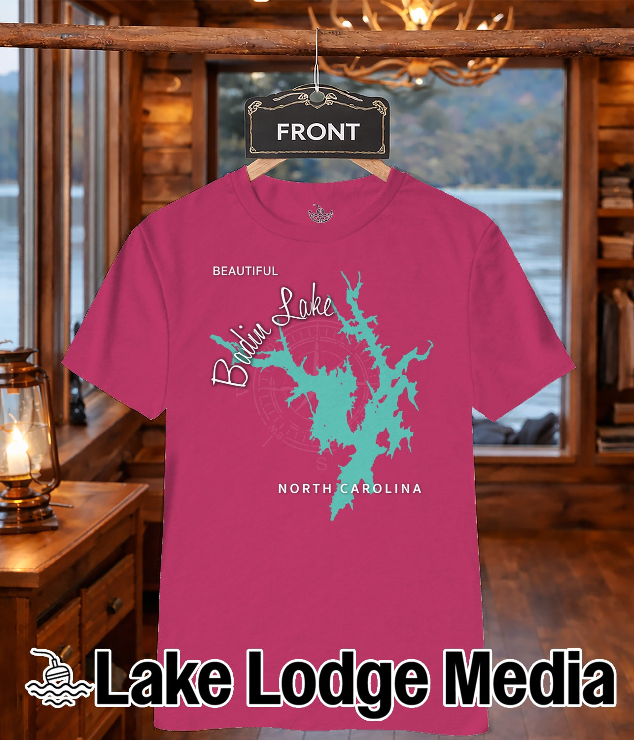 Pink t-shirt with a teal map of Badin Lake, North Carolina.