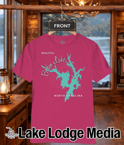 Pink t-shirt with a teal map of Badin Lake, North Carolina.