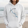 White hoodie with "Lake Chelan Washington" text and a blue lake map on a compass graphic.