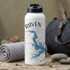 White water bottle with black lid, featuring "RAVEN" and a blue lake map.