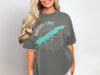 Gray t-shirt featuring a teal map of Sardis Lake, Mississippi, and compass design.