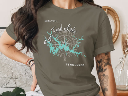 Olive t-shirt with Tim's Ford Lake, Tennessee graphic and compass rose.