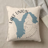 Pillow with blue Lake Union outline and compass rose, "Lake Union Washington" text.