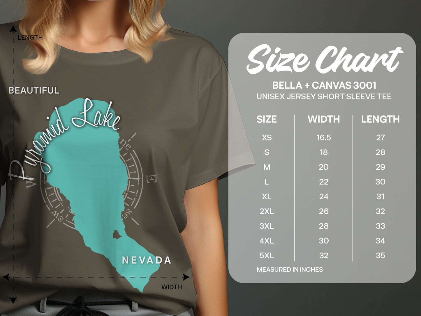 T-shirt size chart for Bella + Canvas 3001 unisex jersey short sleeve tee.