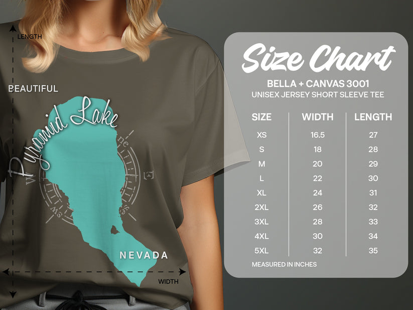 T-shirt size chart for Bella + Canvas 3001 unisex jersey short sleeve tee.