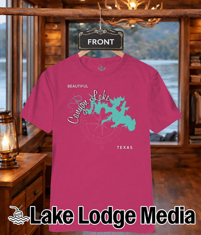 Pink t-shirt with "Beautiful Canyon Lake Texas" map and compass graphic.